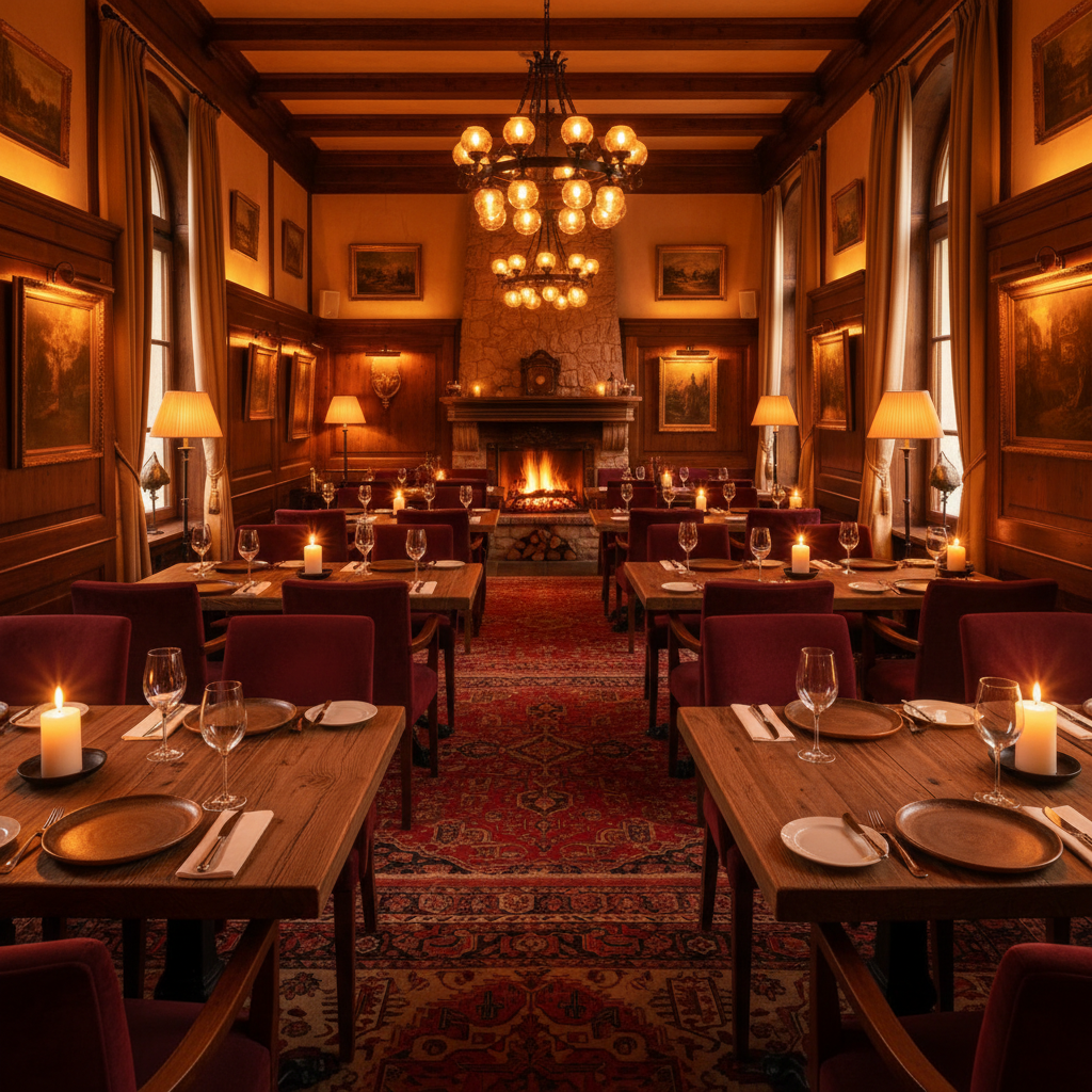Warm family dining room with soft amber lighting, wooden tables, and cozy atmosphere — dim moody restaurant interior
