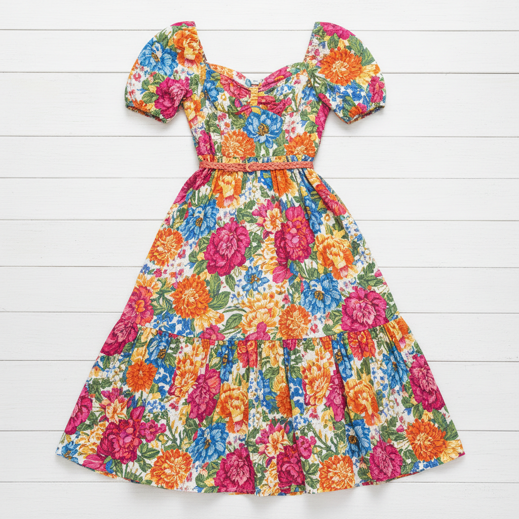 Vestido midi floral colorido em fundo clean com luz natural