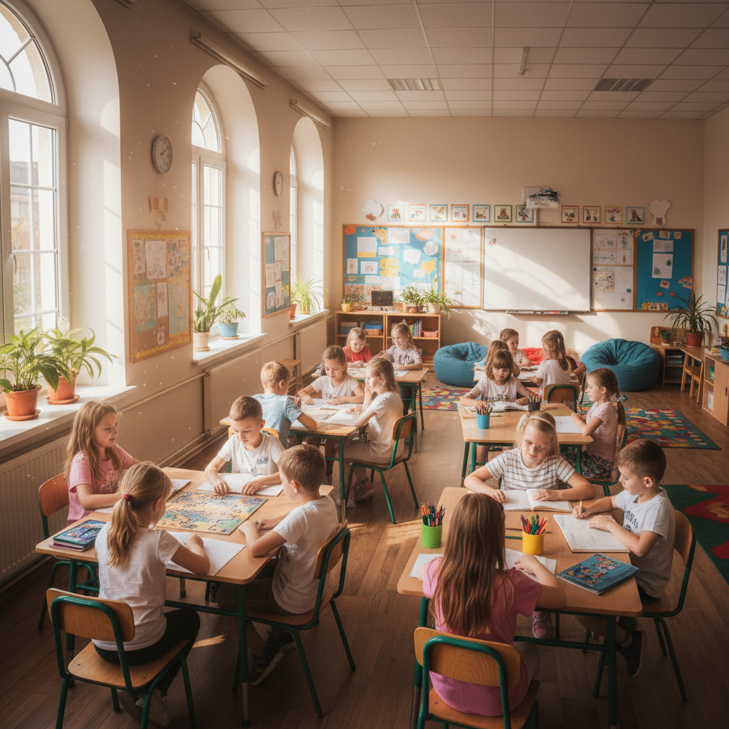 Children studying in a bright classroom with books open, warm natural light, wooden desks