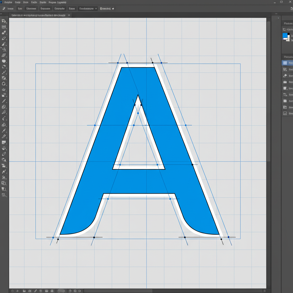 Illustrator artboard showing vector letterform with bezier handles and construction grid