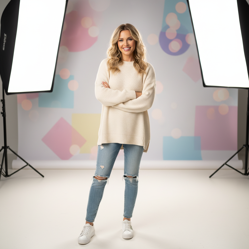 Bright minimal studio with model in oversized cream knit sweater and straight jeans, clean white backdrop