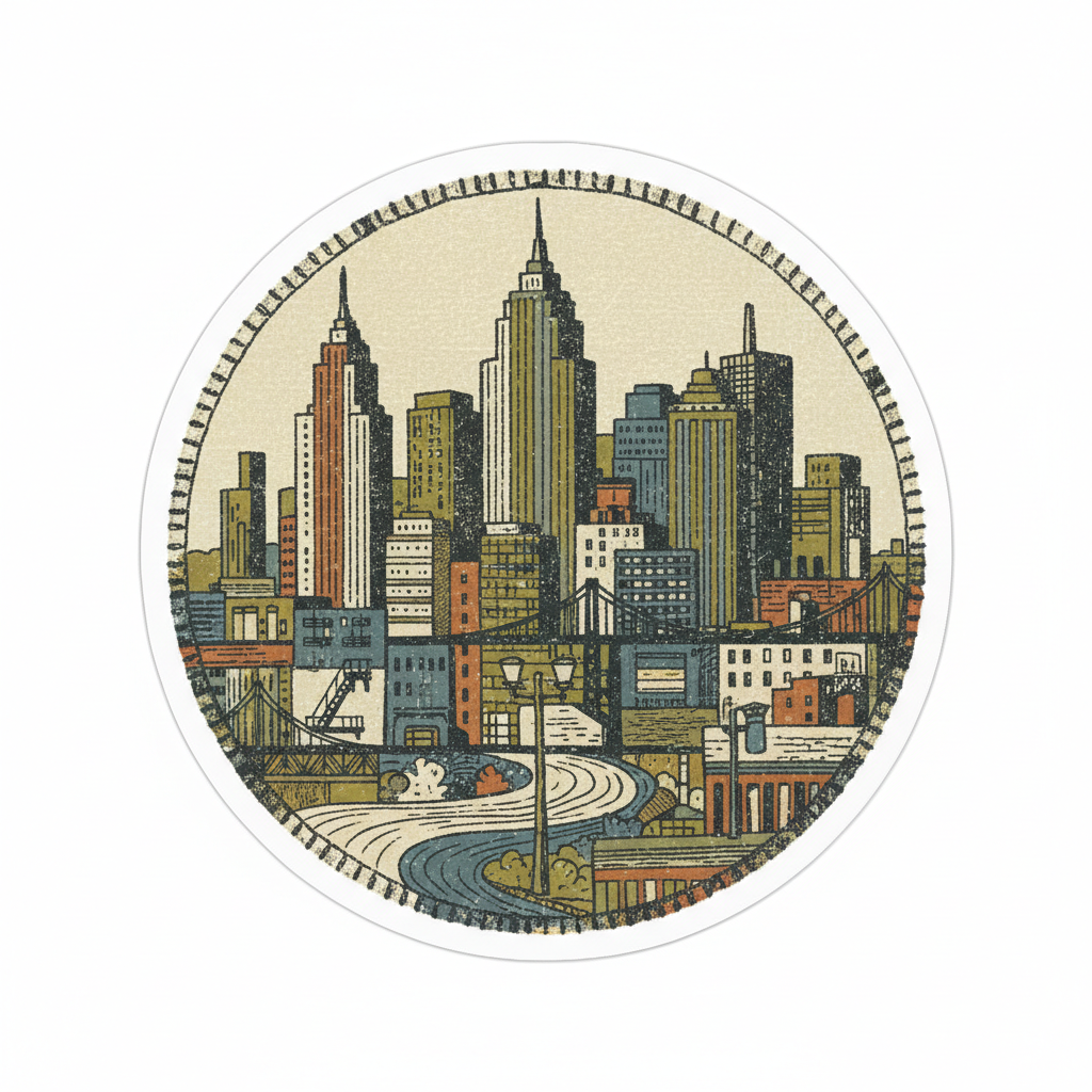 GBH inspired hand-printed patch with city imagery