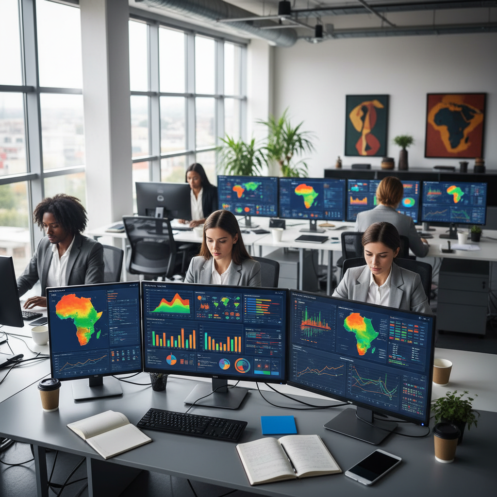 Diverse team of East African data professionals working collaboratively at standing desks with laptops