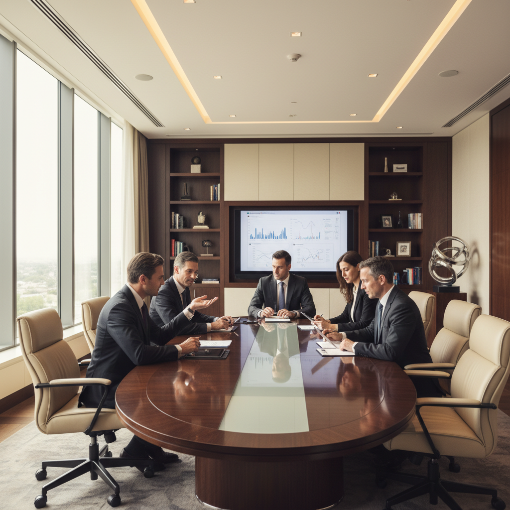 Corporate boardroom interior with long table, dim atmospheric lighting, dark walls, professional business setting