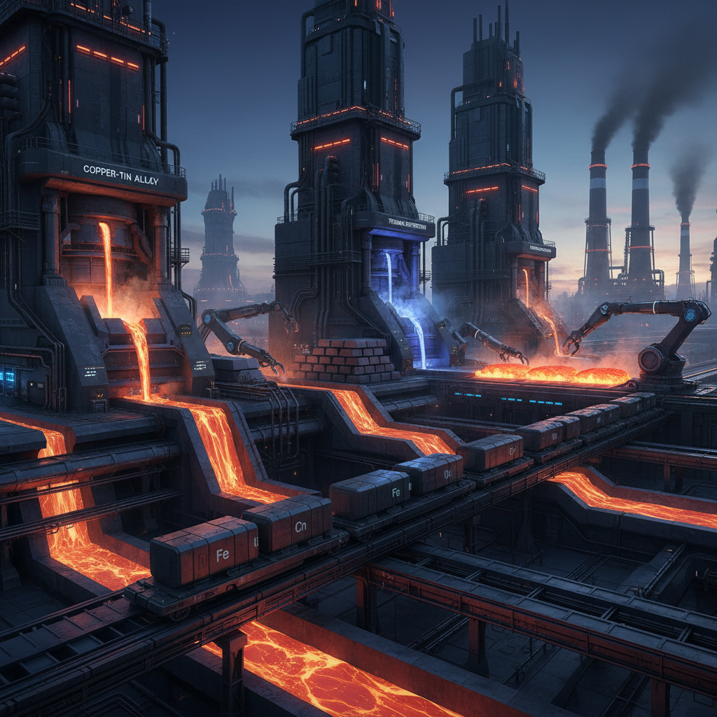 Steel plant construction site with large industrial structures, dark atmospheric lighting, molten metal glow, heavy machinery silhouettes