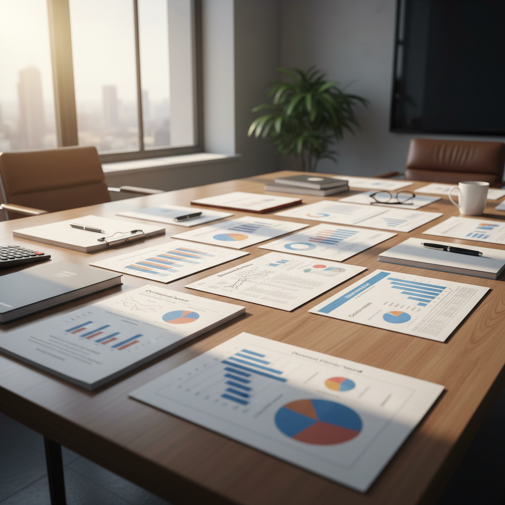 Financial documents and budget reports spread on a conference table, government meeting room with overhead lighting, professional setting