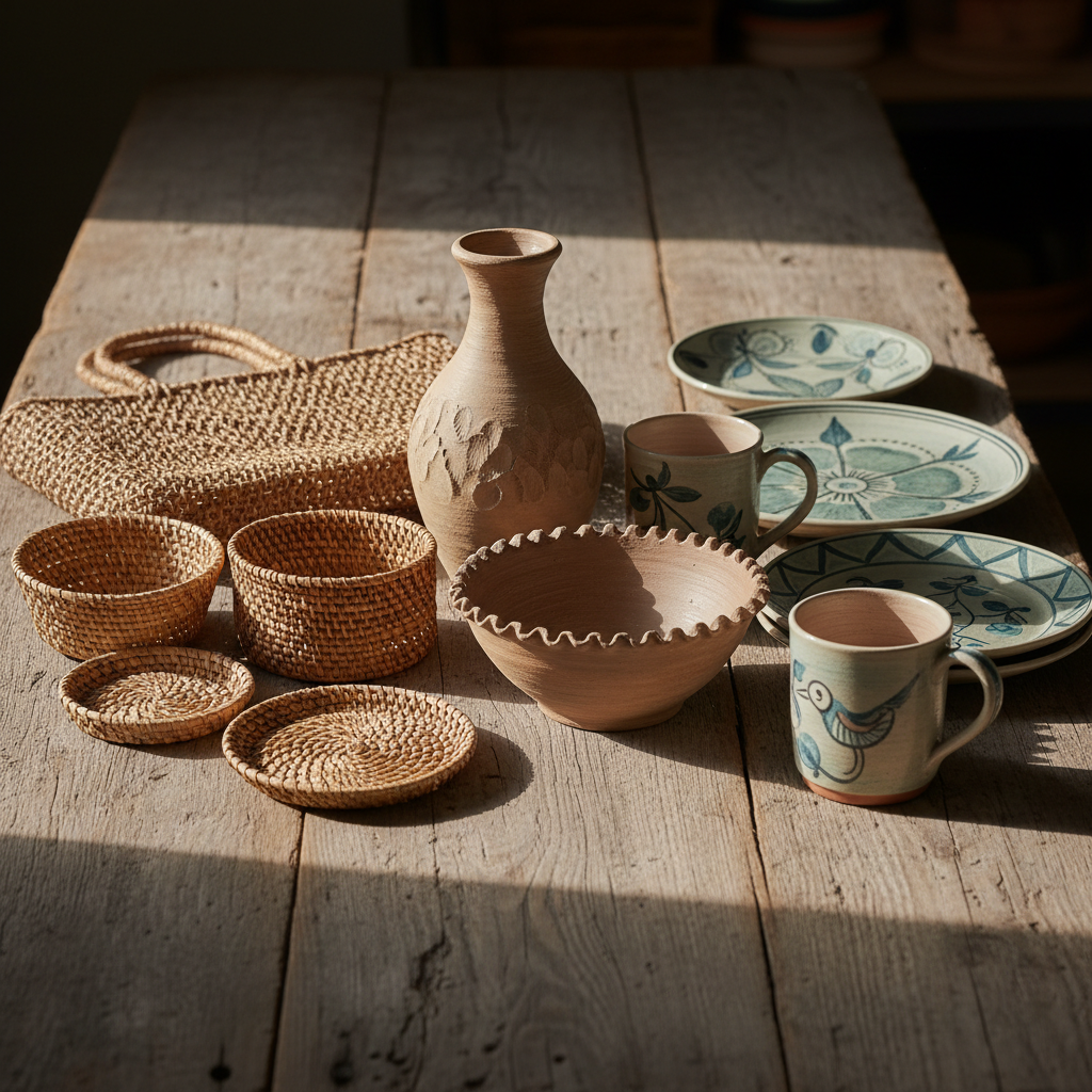 Handmade home décor items including pottery, baskets and woven crafts