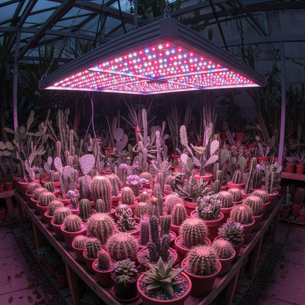 Full-spectrum LED grow light panel hanging over a dense collection of cacti and succulents
