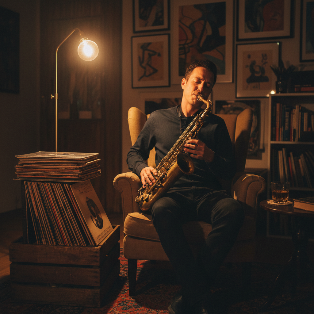 Saxophone player in low light jazz club with vinyl records stacked nearby