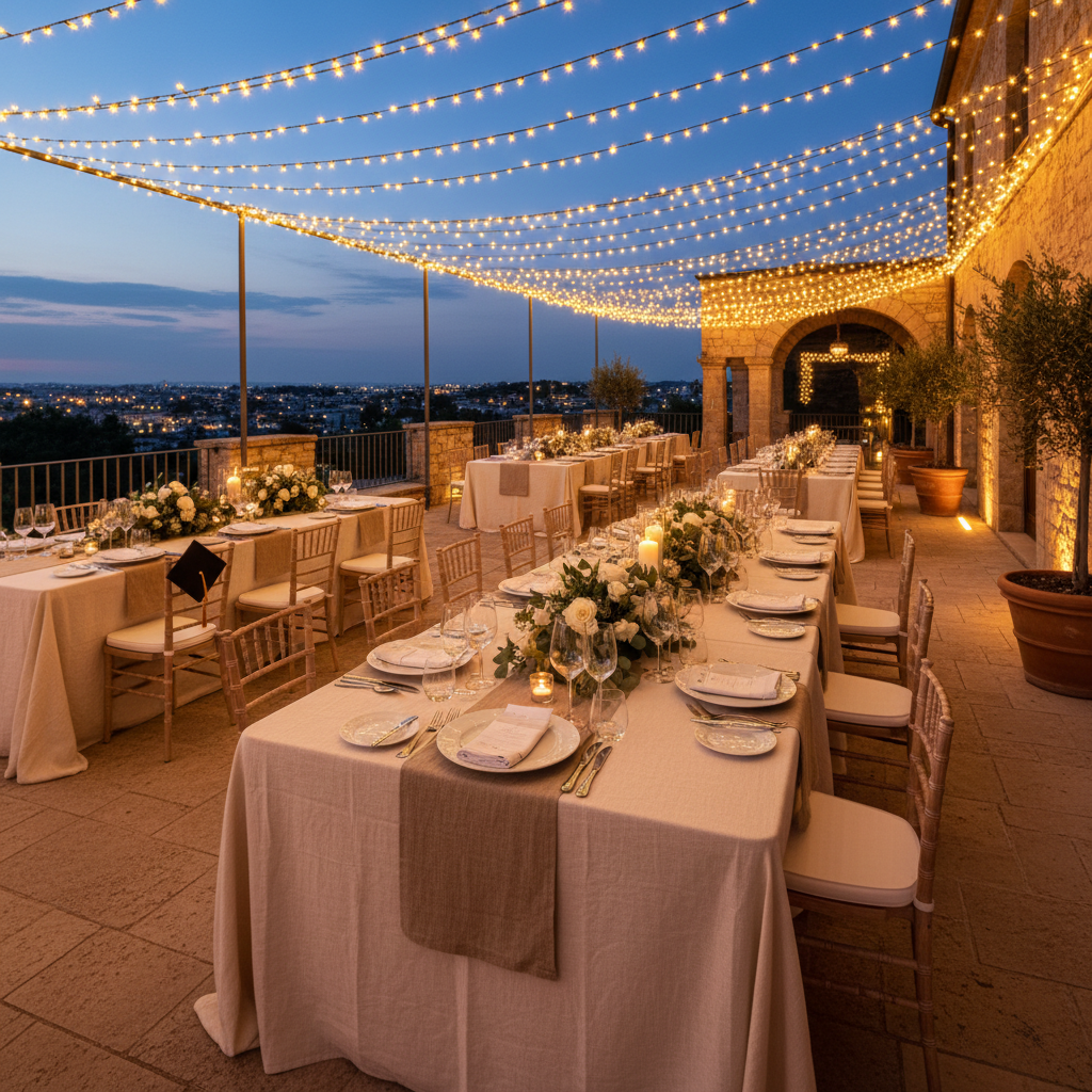 Outdoor garden dinner, lanterns, white linens, evening sky, vine canopy overhead, intimate setting