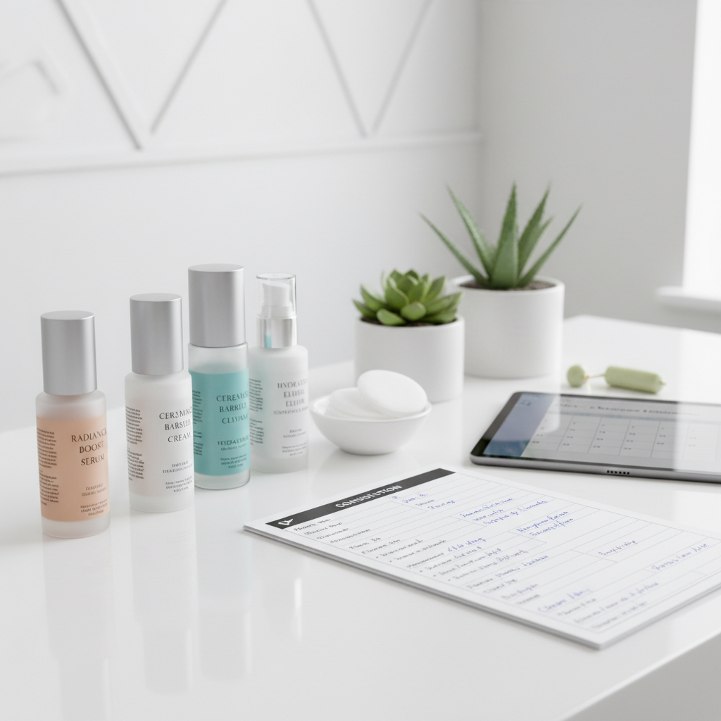 Beauty consultation setting with products on table, warm professional atmosphere