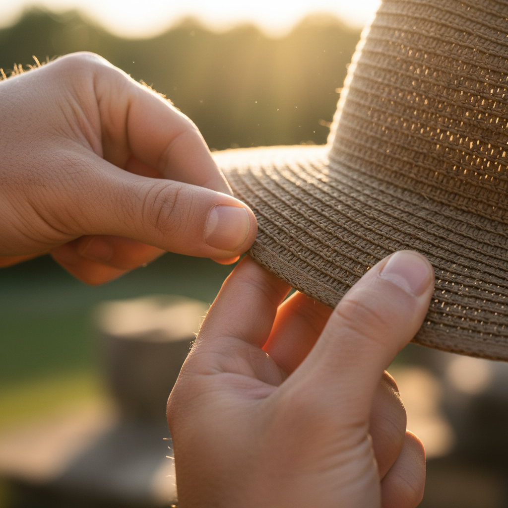 Fingers adjusting hat brim against bright glare, golden light filtering through fabric weave