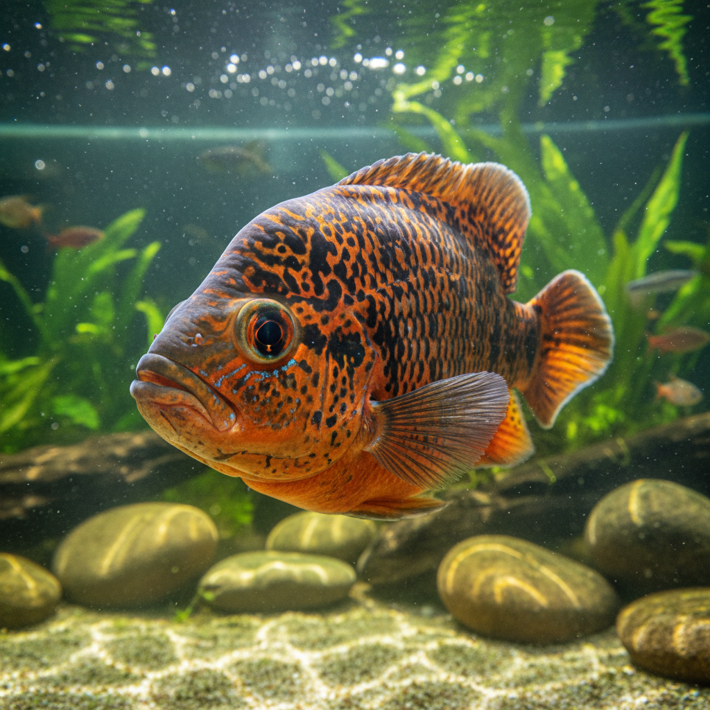 Large orange and black oscar cichlid fish with striking eye pattern in a spacious tank