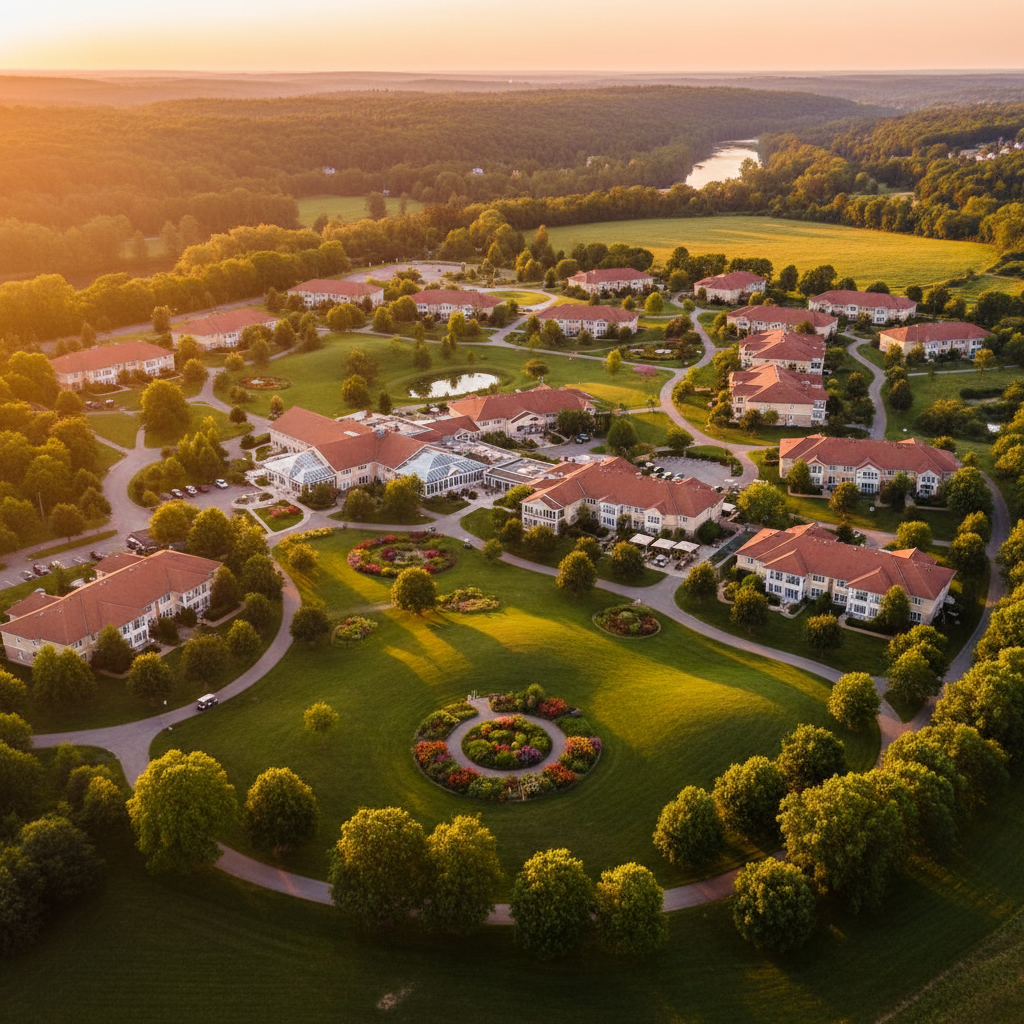 Aerial view of senior living campus at golden hour