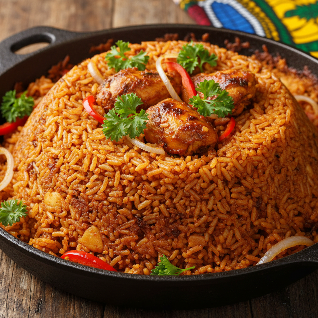 Golden Nigerian jollof rice in a large serving bowl, smoky and vibrant orange-red, party setting
