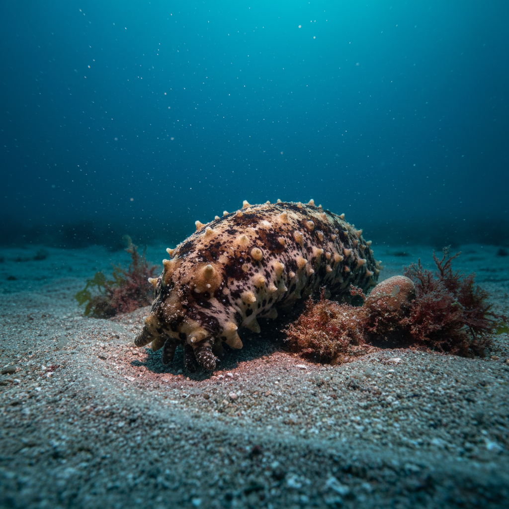 Deep ocean marine environment with dark atmospheric underwater setting — dim blue shadows representing Holothuria scabra sea cucumber from Indonesian marine waters for bioactive ingredient development