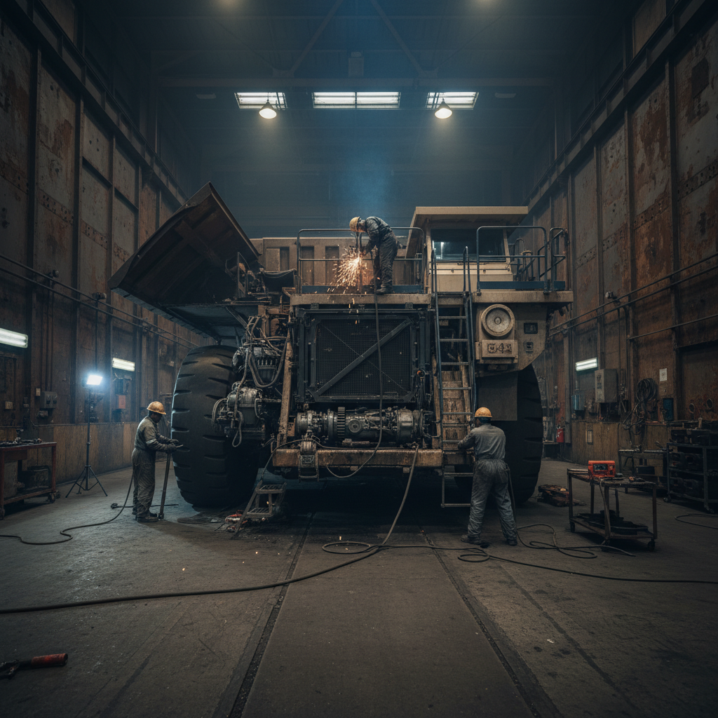 Diesel engine bay, heavy-duty components, dark atmospheric garage, dim overhead lighting