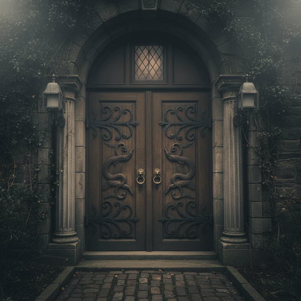 Mysterious private club entrance with ornate door and dim lighting
