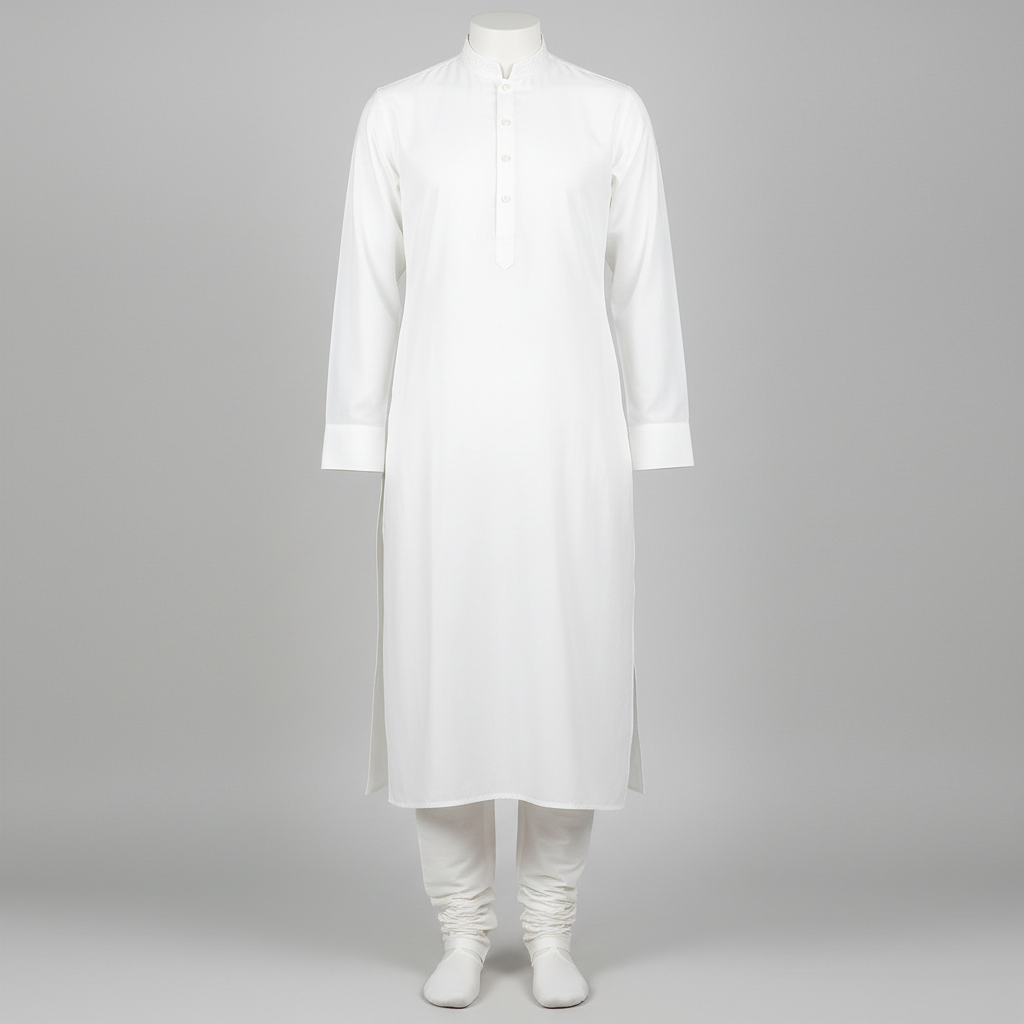 Elegant beige designer kurta set displayed on mannequin against neutral background