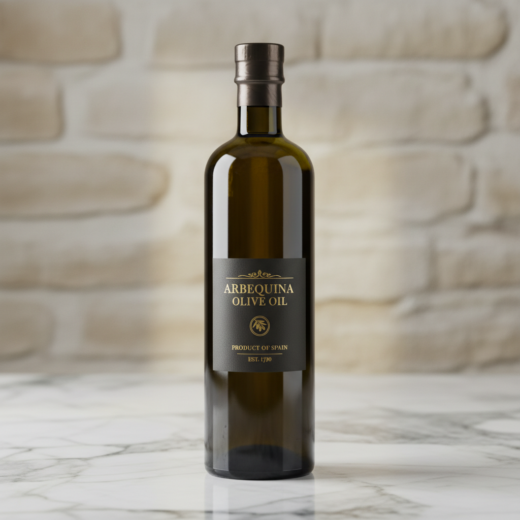 Tall dark glass bottle of Spanish Arbequina olive oil on marble surface