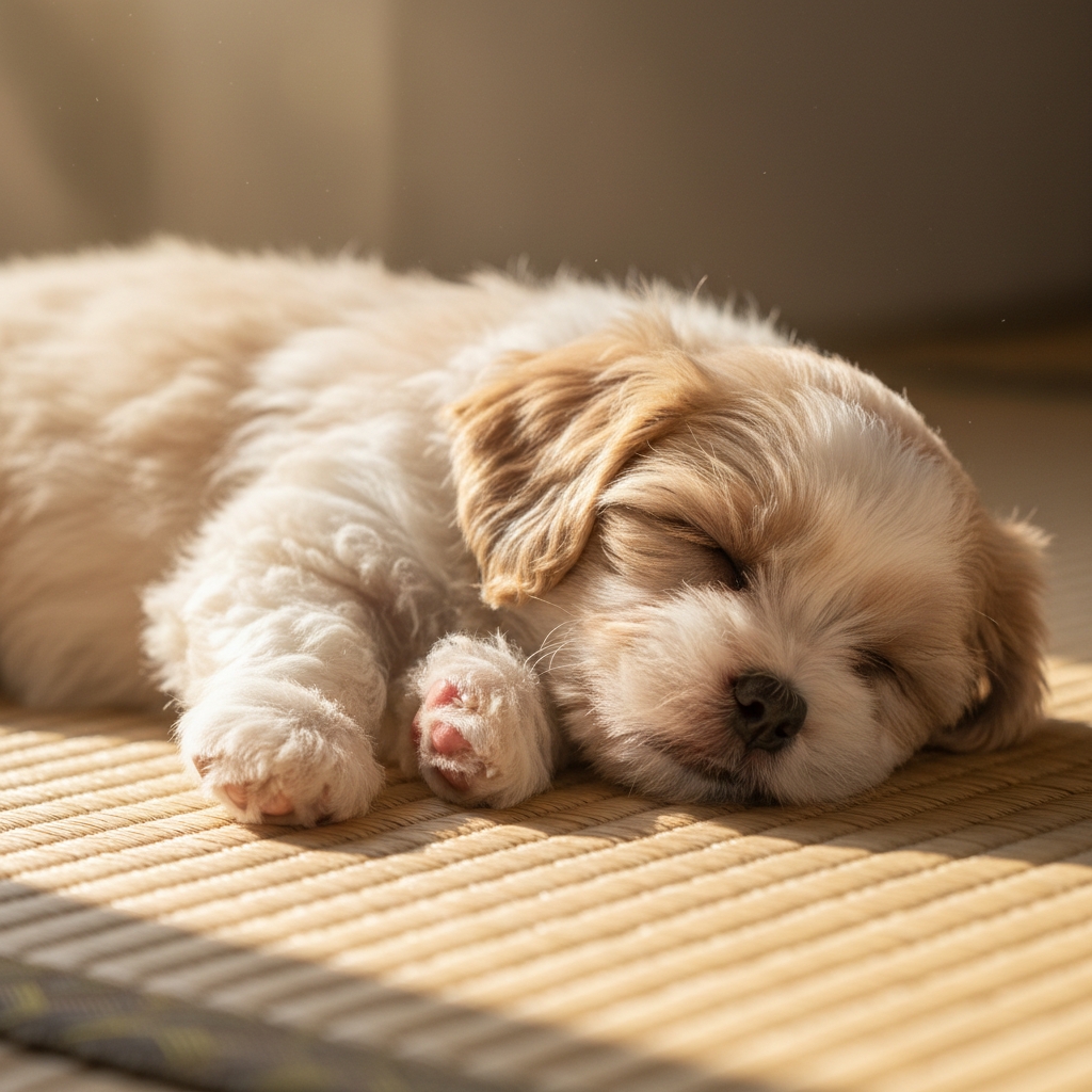 Shih Tzu puppy resting on soft tatami mat in warm morning light