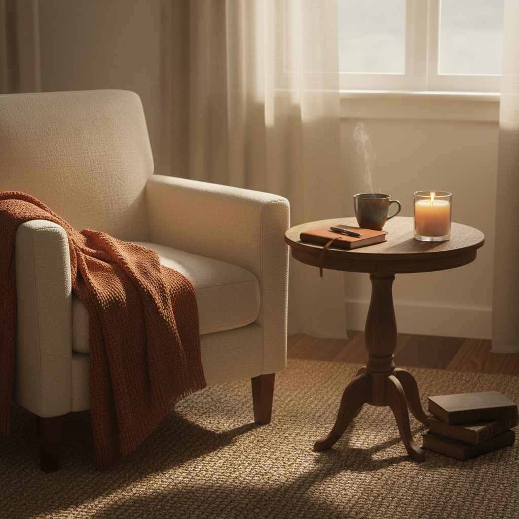 Warm lit living room corner with a journal, a candle, and a cup of tea on a side table in soft evening light