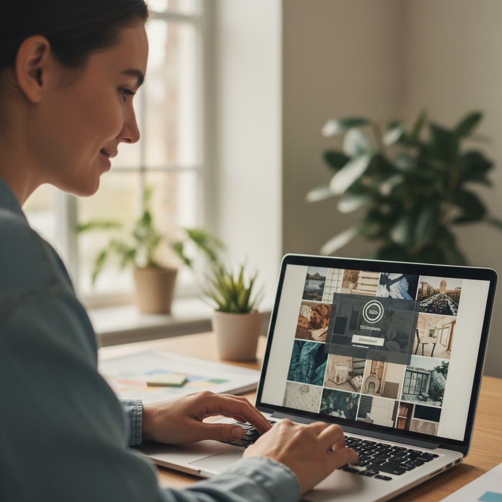 Designer using downloaded assets on laptop creating colorful project on bright workspace