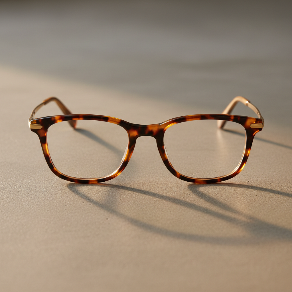 Design-conscious professional wearing tortoise acetate frames in warm golden-hour light