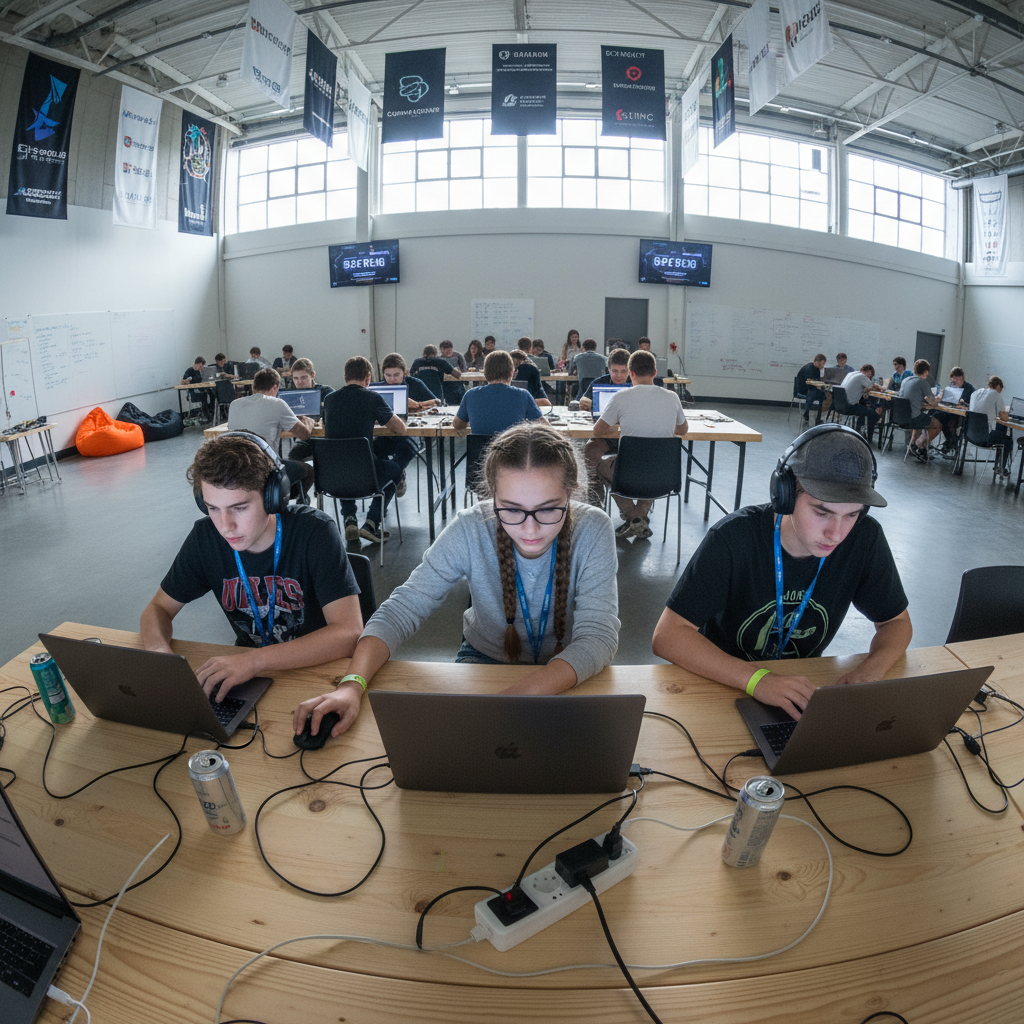 Students competing in programming contest with laptops