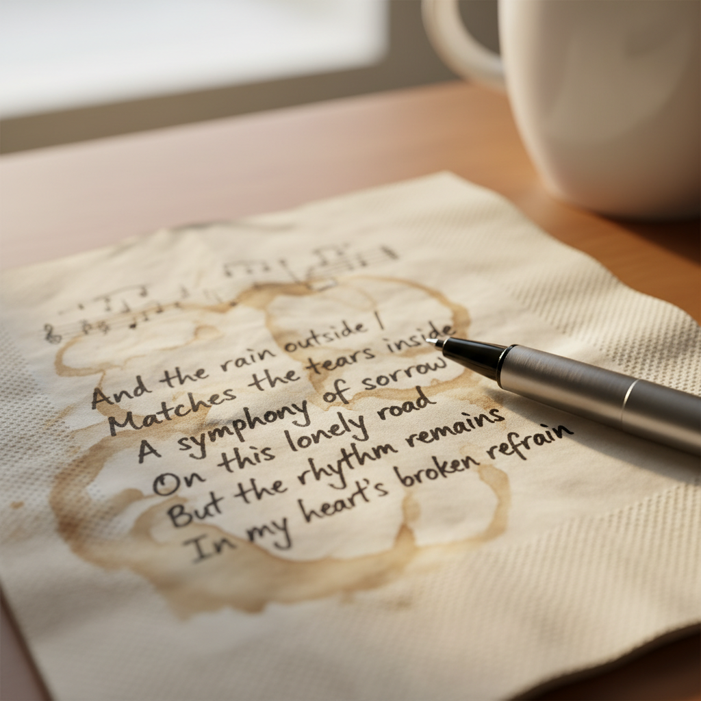 Handwritten rap lyrics on a crumpled napkin under a streetlight