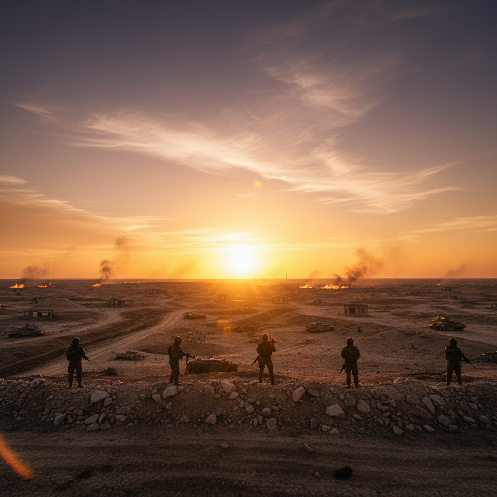 Wide landscape shot of conflict zone at golden hour, silhouetted figures on a ridge