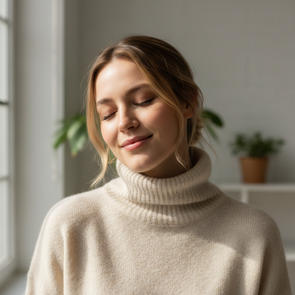 Woman in cashmere turtleneck sweater, minimalist bright interior, warm tones