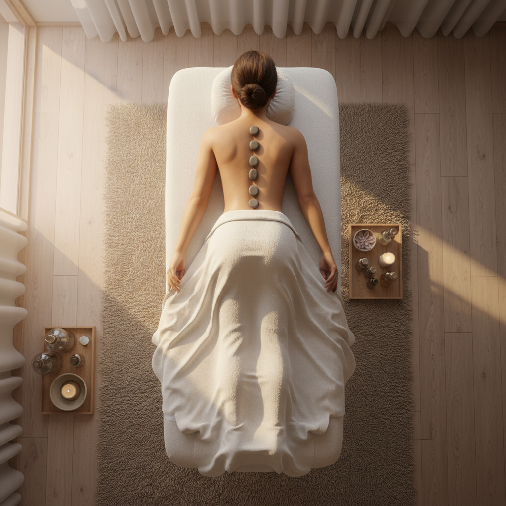Guest resting face-down on a massage table draped in white linen