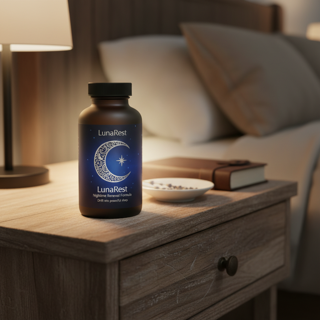 Dark blue supplement bottle with moon motif label, soft evening lighting on wooden surface