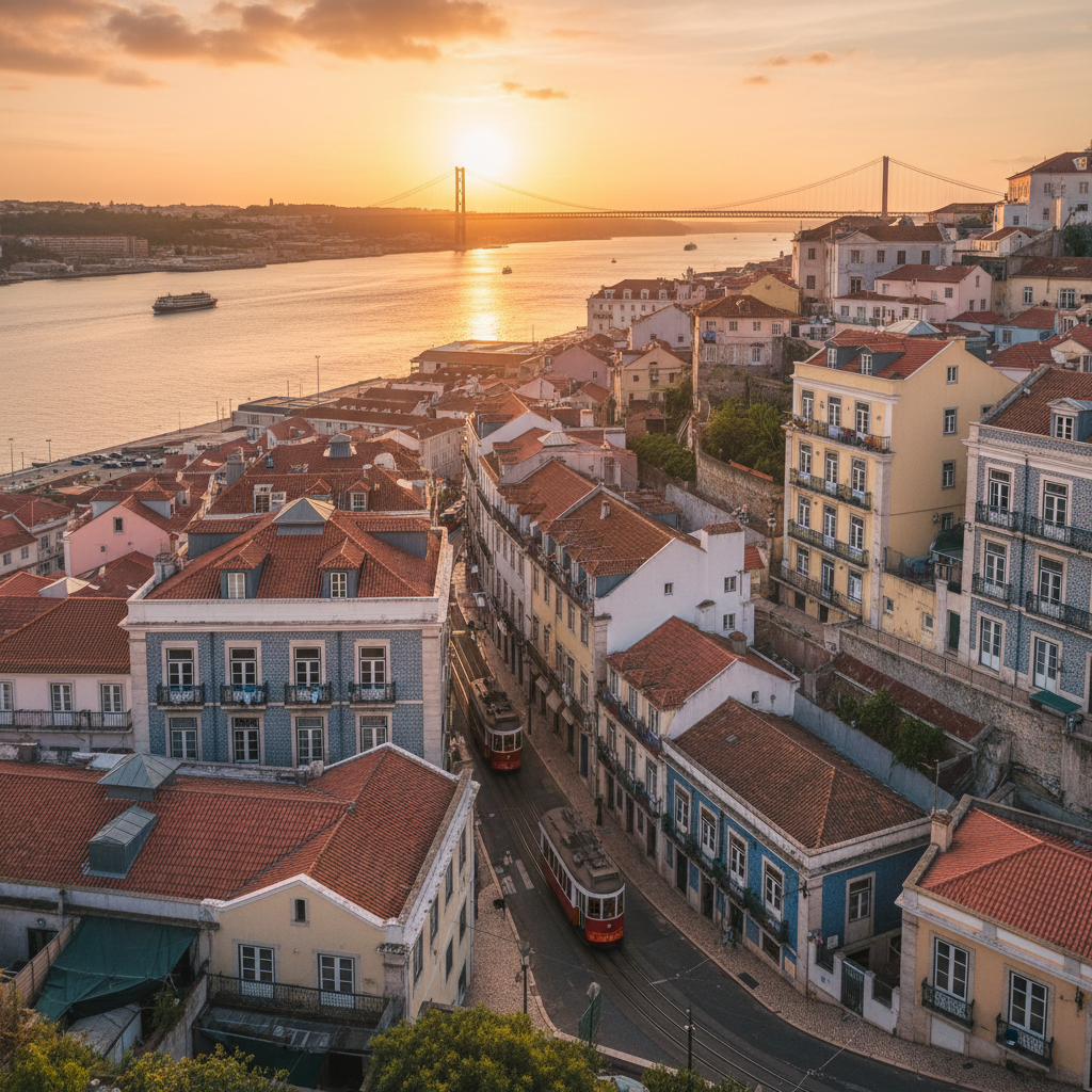 Vista aérea de Lisboa con tejados naranjas y el río Tajo al fondo, barrio histórico de Alfama, luz dorada de tarde