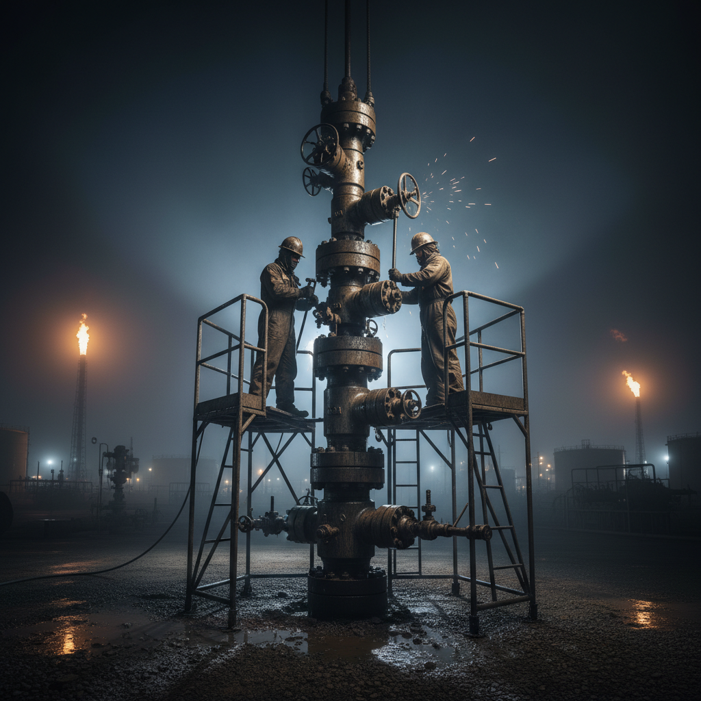 Wellhead Christmas tree equipment maintenance, industrial petroleum facility, dark atmospheric lighting