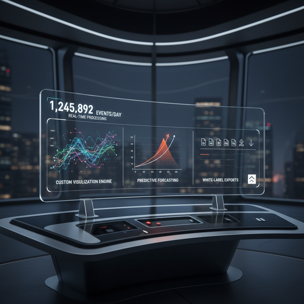 Dark analytics dashboard with glowing blue charts and data visualization panels on dark background