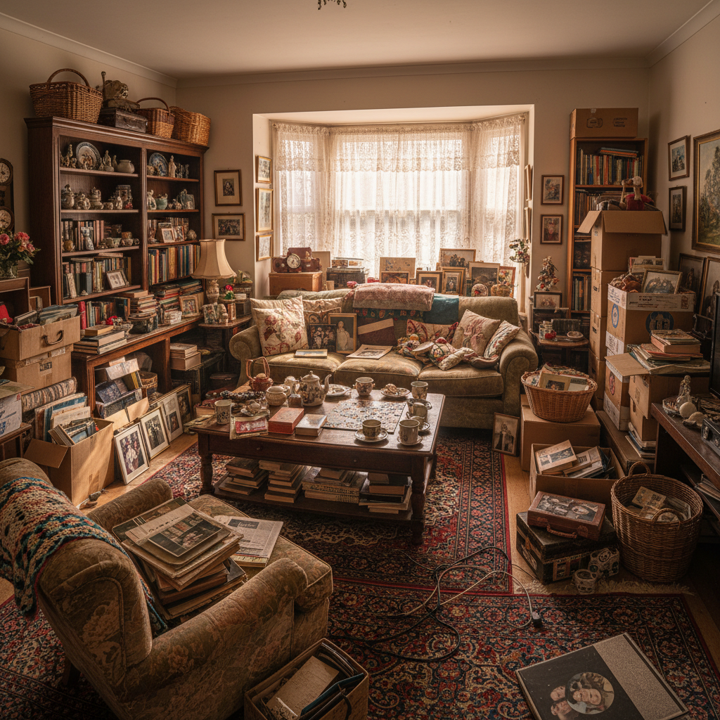 Crowded living room with decades of accumulated furniture, boxes, and belongings, dim lighting, estate cleanout needed