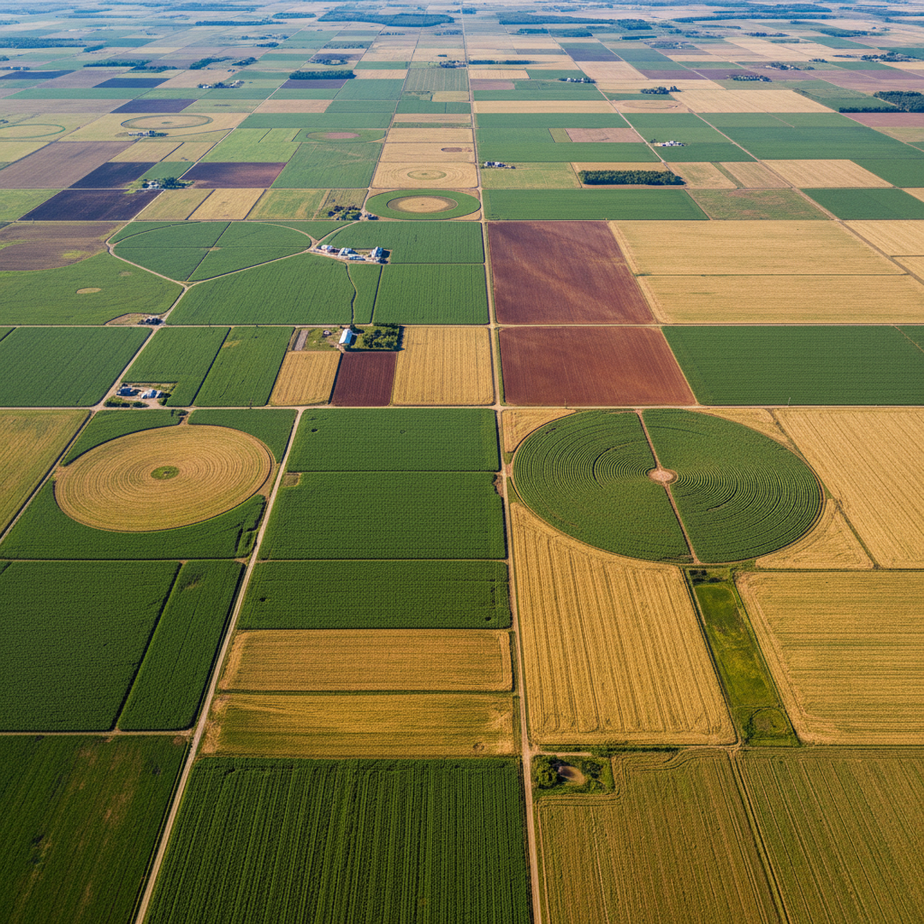 Aerial view of agricultural fields with geometric crop patterns, vibrant green and golden tones, flat rural landscape, bright daylight