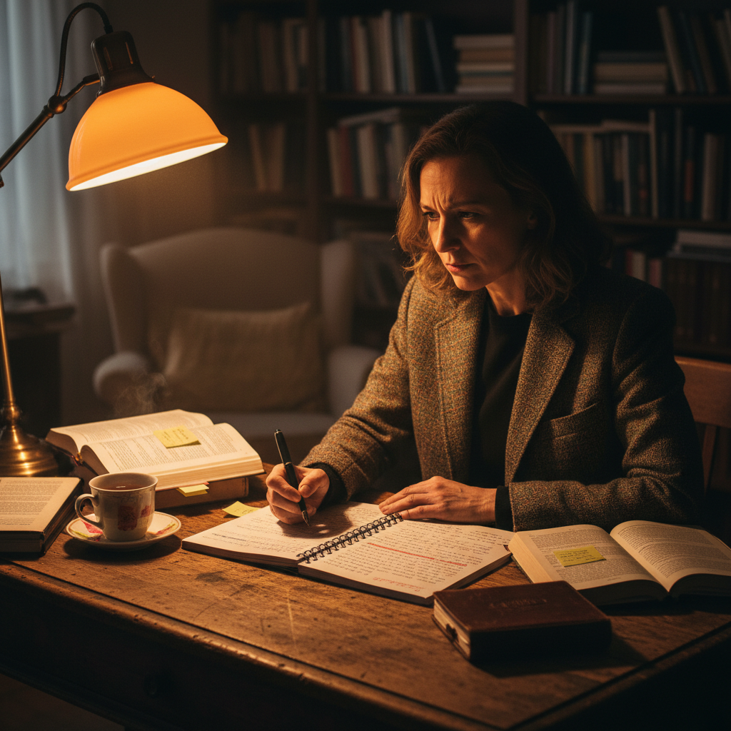 Kavita Thakur writing at a wooden desk surrounded by books and a warm lamp