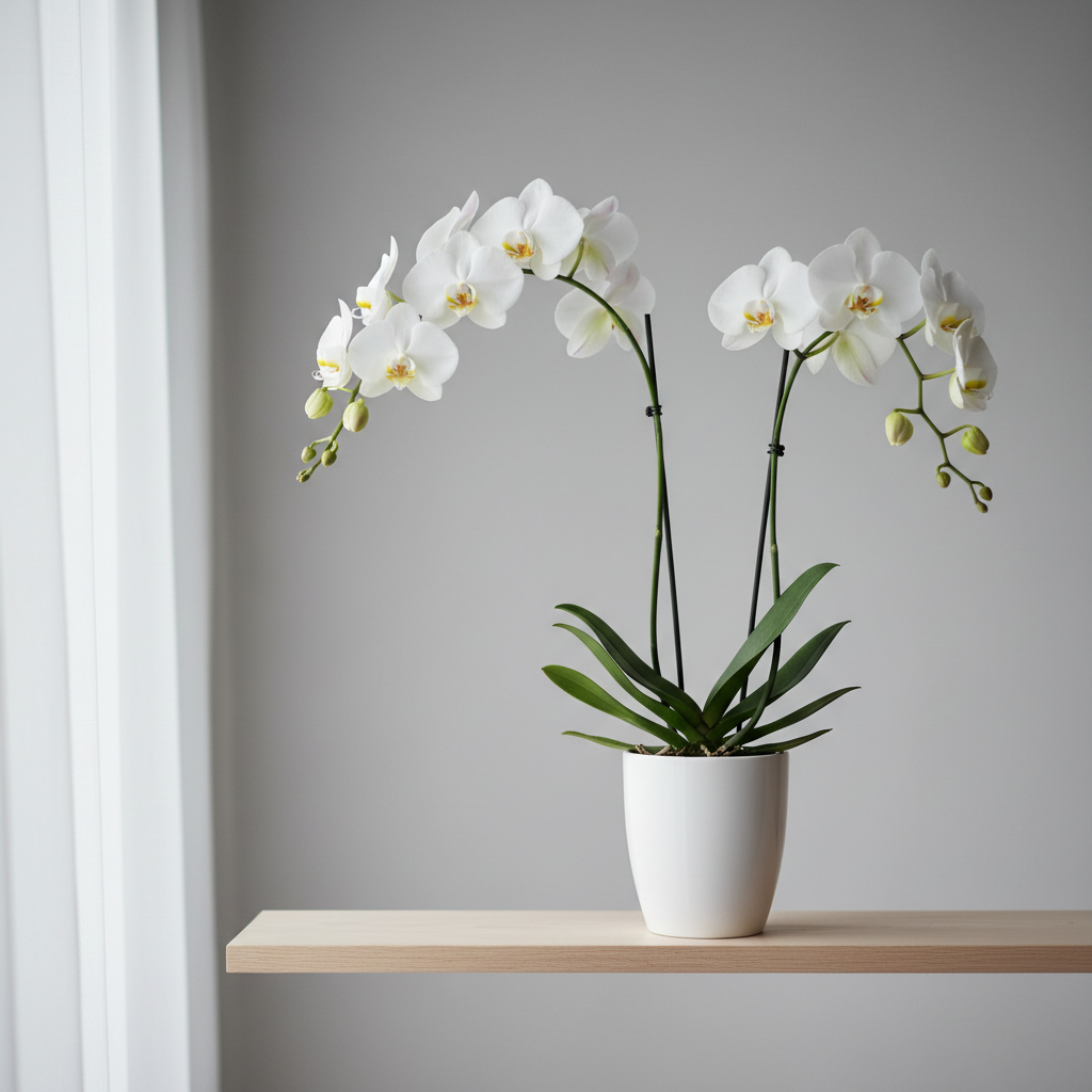 Elegant white phalaenopsis orchid arrangement in a luxury vase