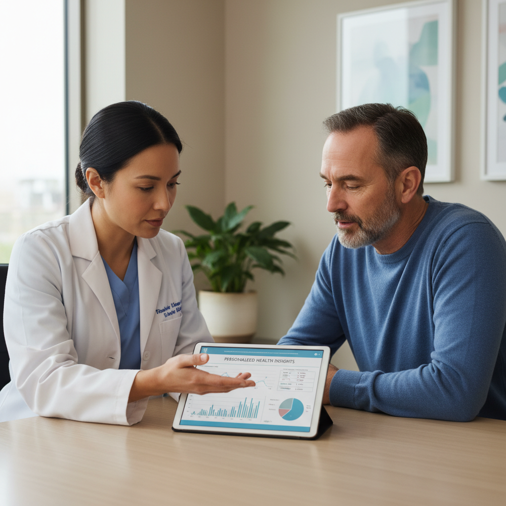 Woman in a bright clinical wellness consultation with physician reviewing personalised health protocol