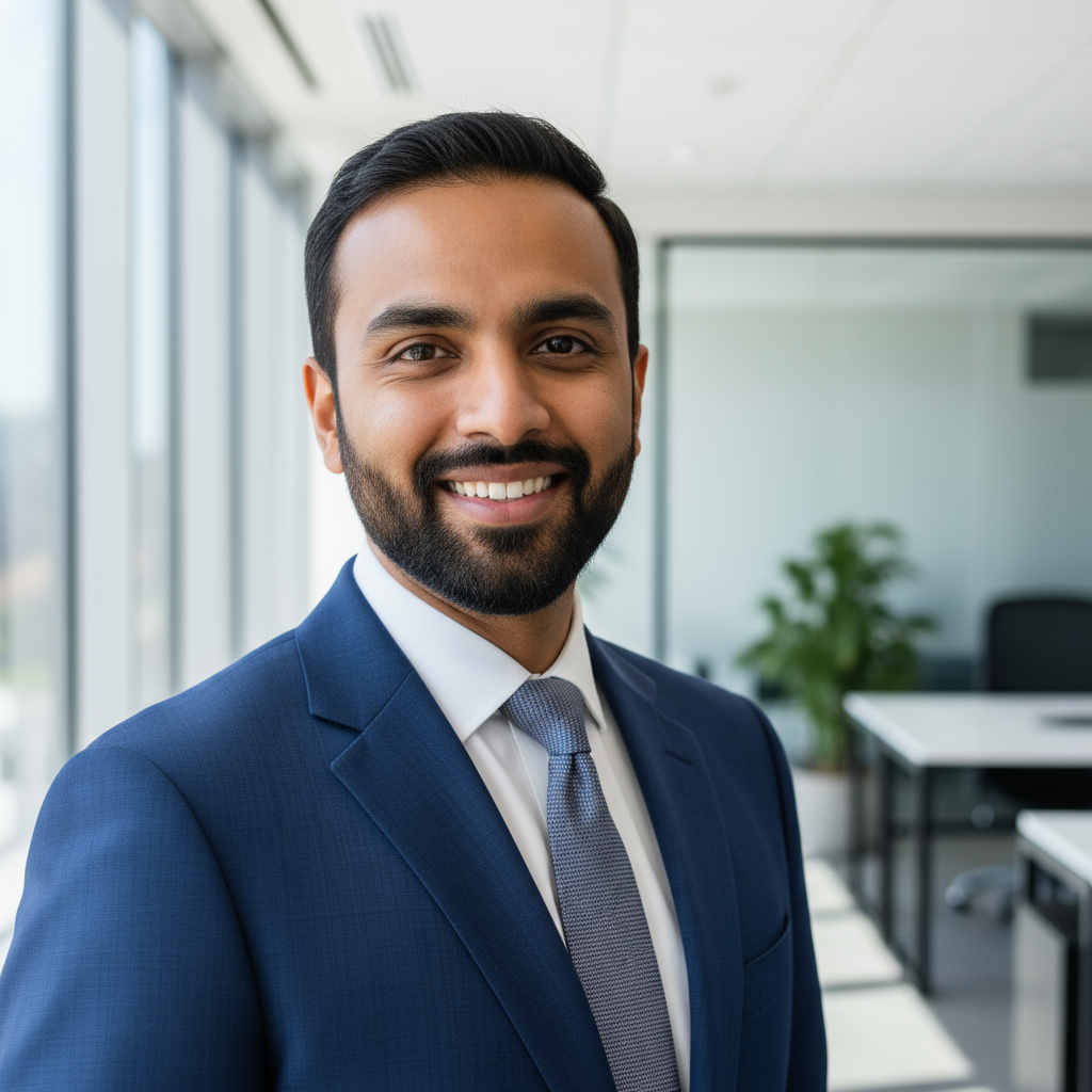 Professional Indian man in his thirties wearing business suit looking thoughtfully at smartphone in modern office