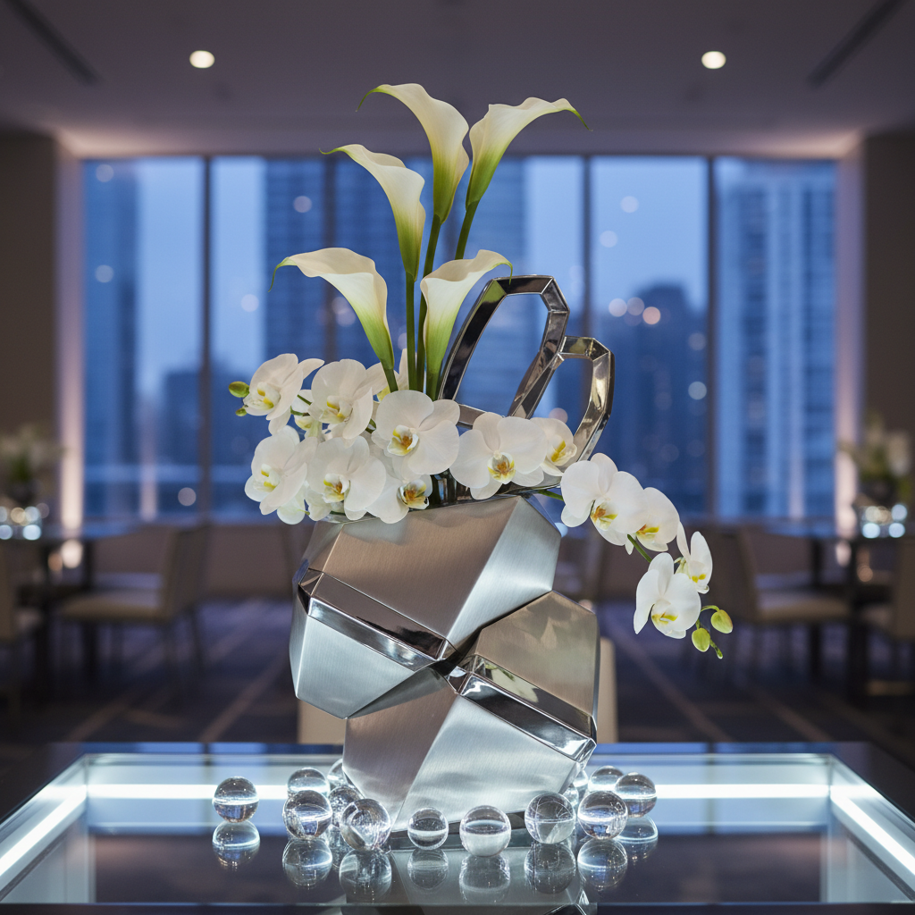 Elegant corporate event table centerpiece with white orchids and greenery in modern office
