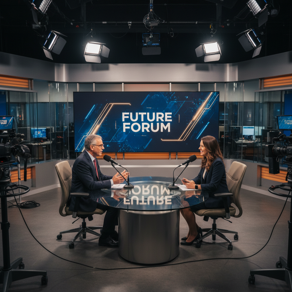 Television studio interview set with Dr. Cyril speaking to host in professional broadcast environment