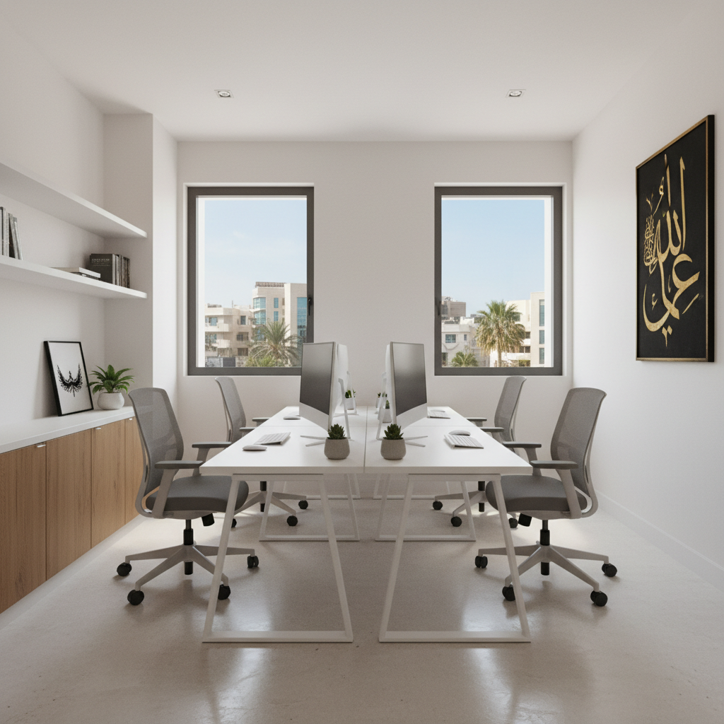 Bright professional office interior, clean desk, warm natural light through windows, minimalist decor