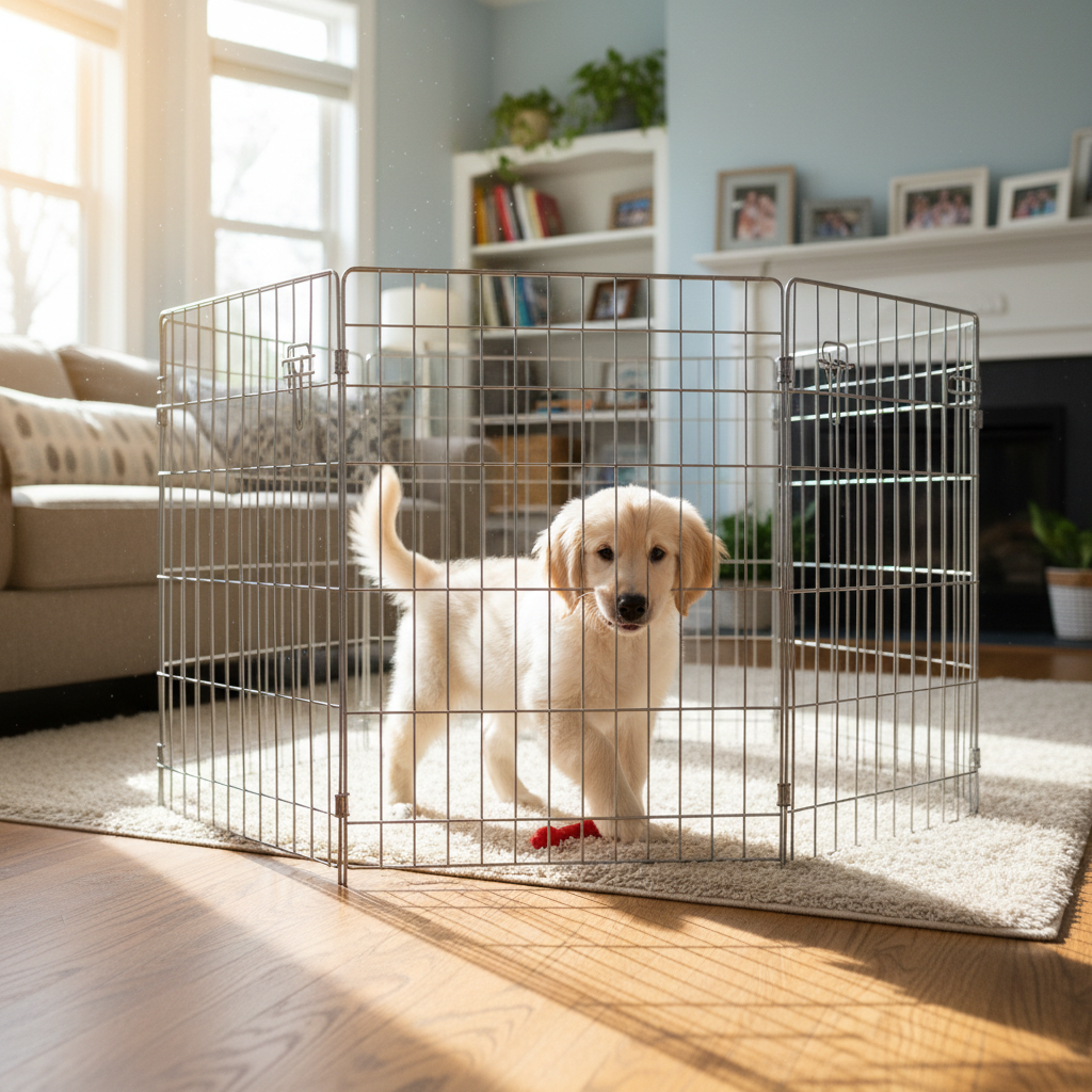 Metal exercise pen enclosure set up in a living room with a puppy inside