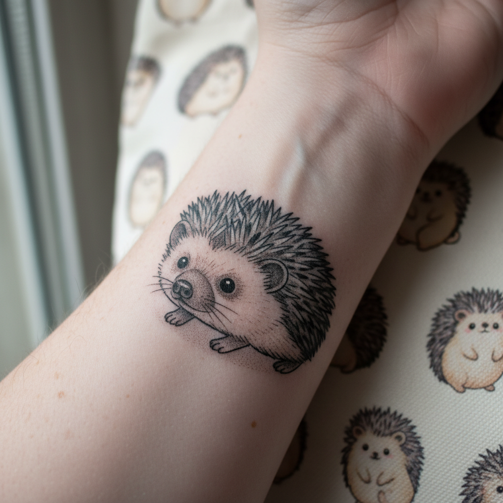 Close-up of a forearm with a hedgehog tattoo next to a hedgehog-print tote bag