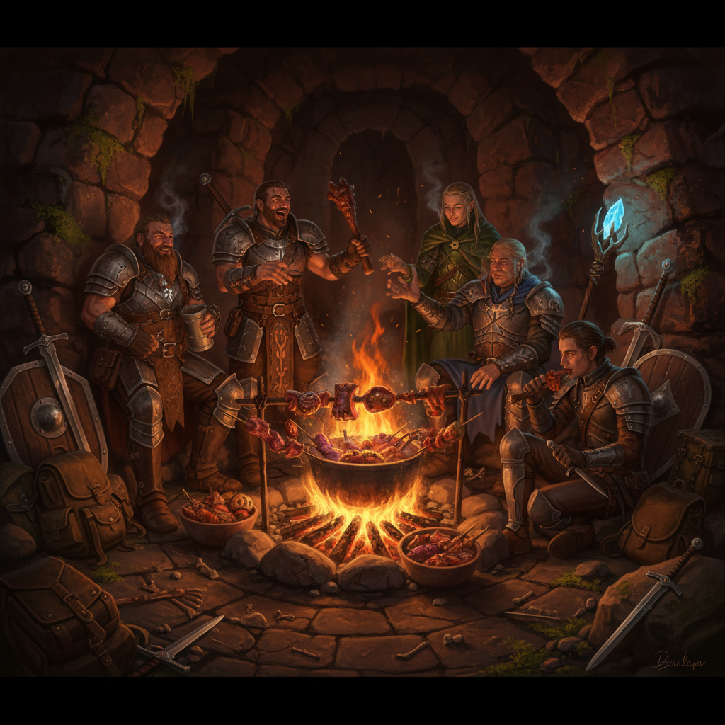 Dungeon Meshi adventurers cooking a monster meal in an underground dungeon