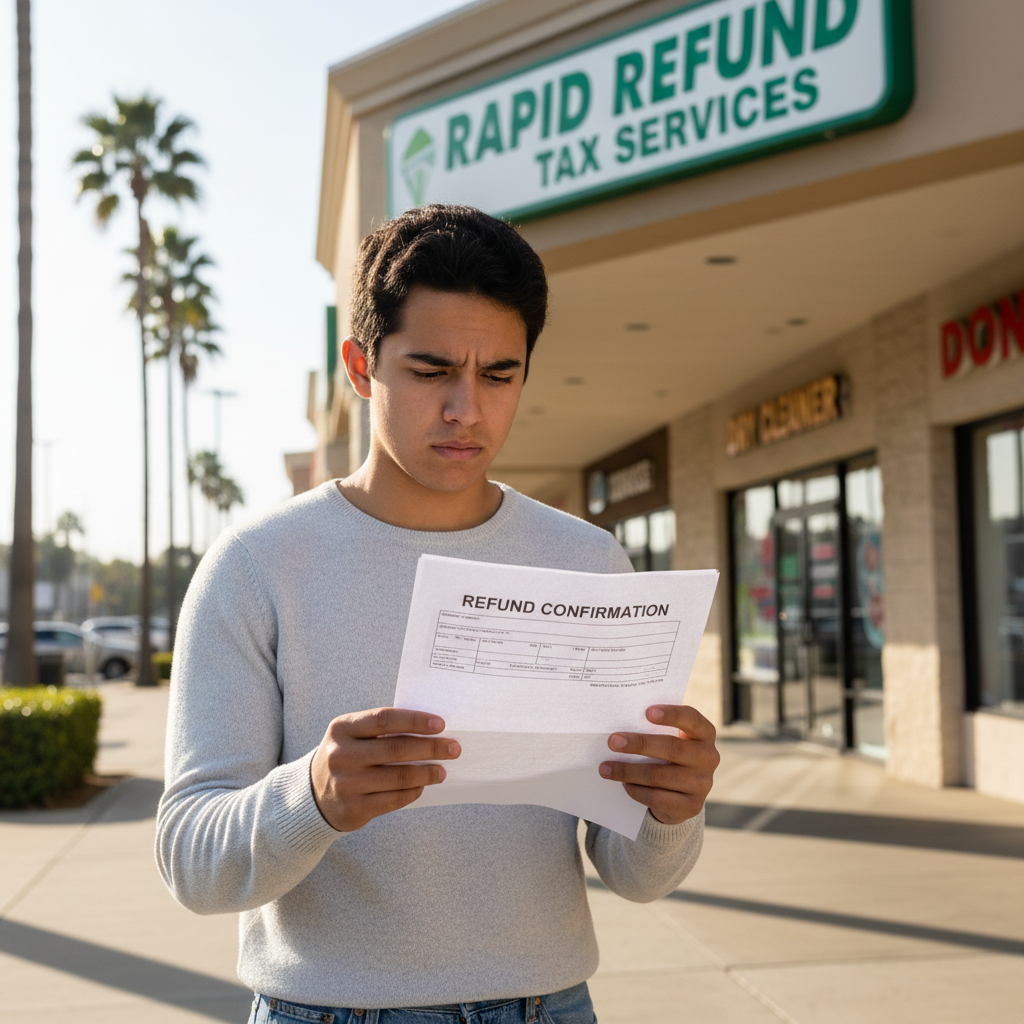 First-time filer holding printed refund confirmation at strip mall tax office